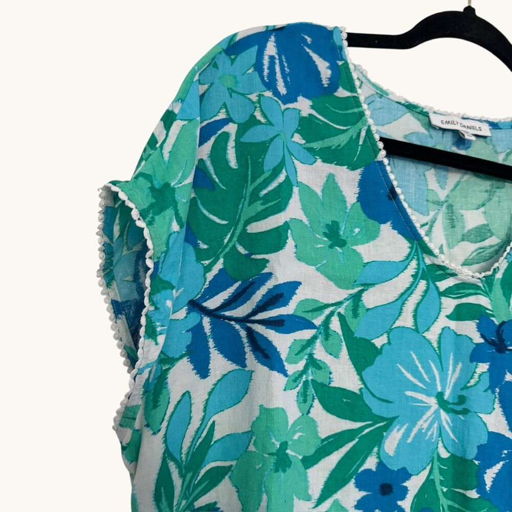 Emily Daniels Size XL Linen Blend Blue Floral Short Sleeve Blouse Tropical Beach - Picture 3 of 5